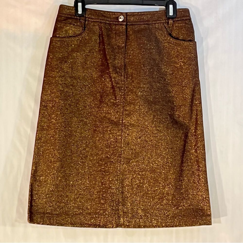 French Connection Brown Metallic Jean Pencil Skirt Front & Back Pockets 8 👍